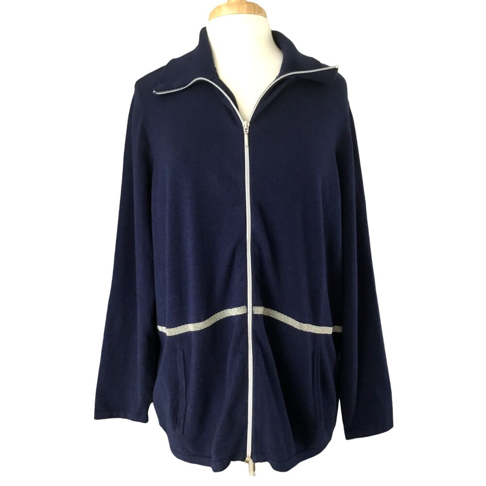 Chico's Zenergy Cashmere Blend Jacket Womens sz 3 US XL Zip Up Beaded Trim Blue